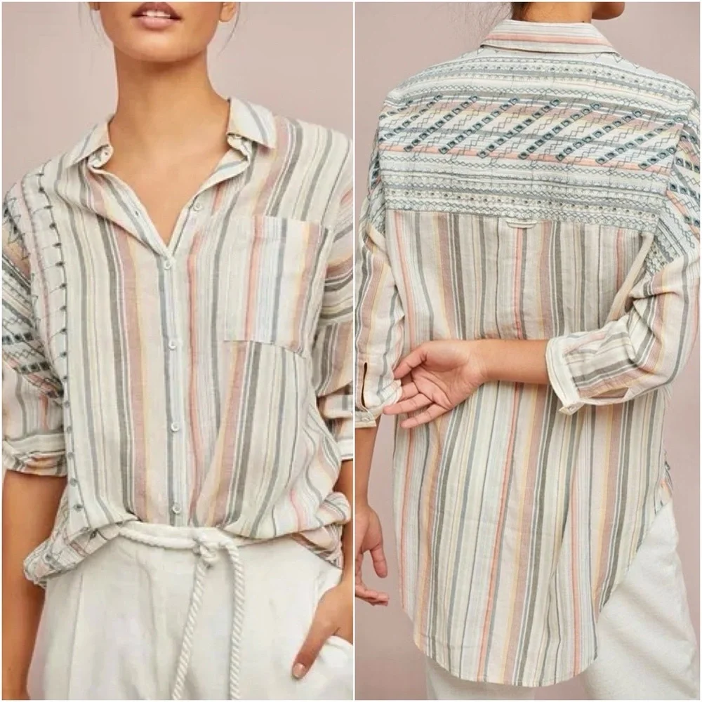 Anthropologie Medium/Large Yarn-Died Striped Buttondown Eyelet Shirt Top
